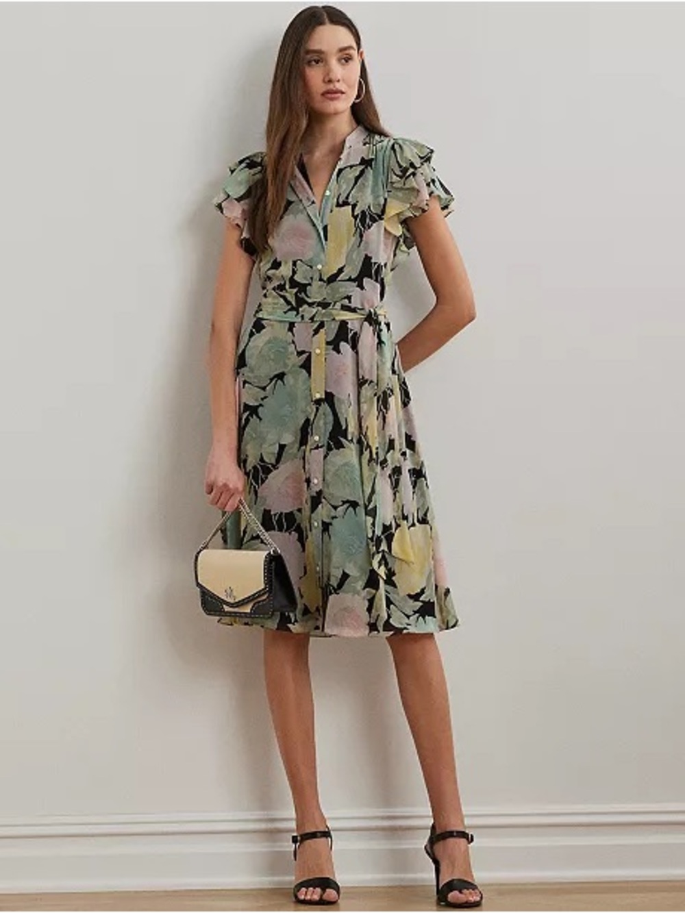 NWT Lauren Ralph Lauren Sz 10 Floral Belted Georgette Shirtdress Flutter Sleeves